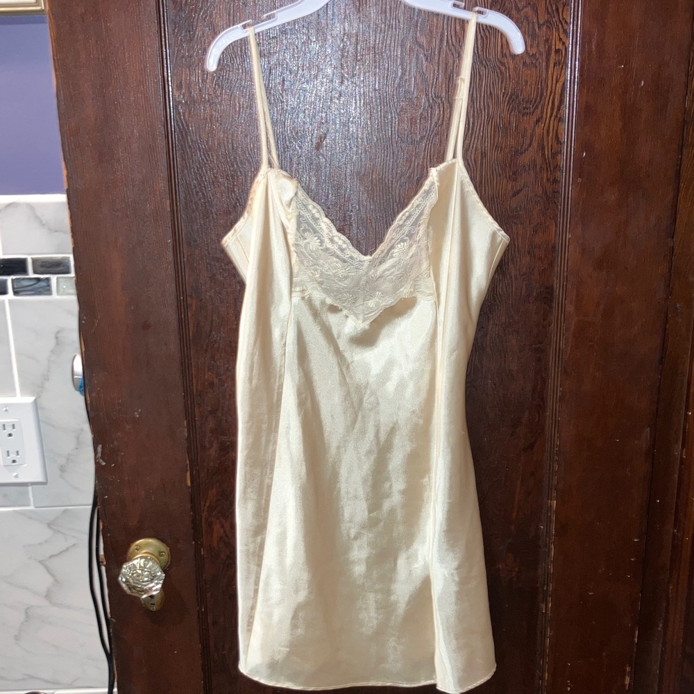 Victoria's Secret Cream Lace-Trim Satin Slip Chemise